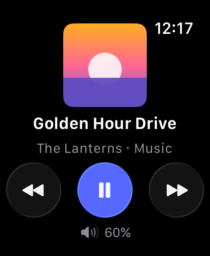 Now Playing on the watch with cover art and playback buttons