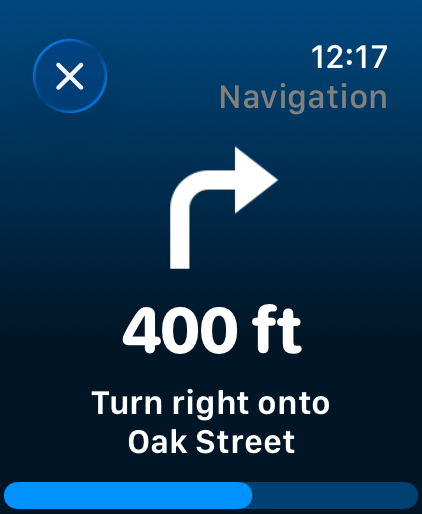 Turn-by-turn on the watch: 400 feet, turn right onto Oak Street