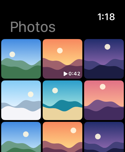 Photos on the watch: a grid of the phone's recent photos and videos
